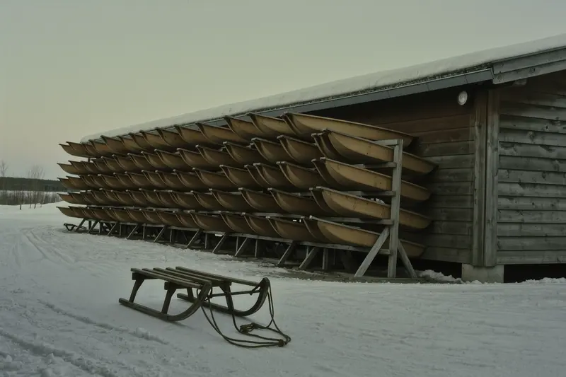 Wooden toboggans stacked in a rental rack beside a snow-dusted timber hut with trodden snow in front.