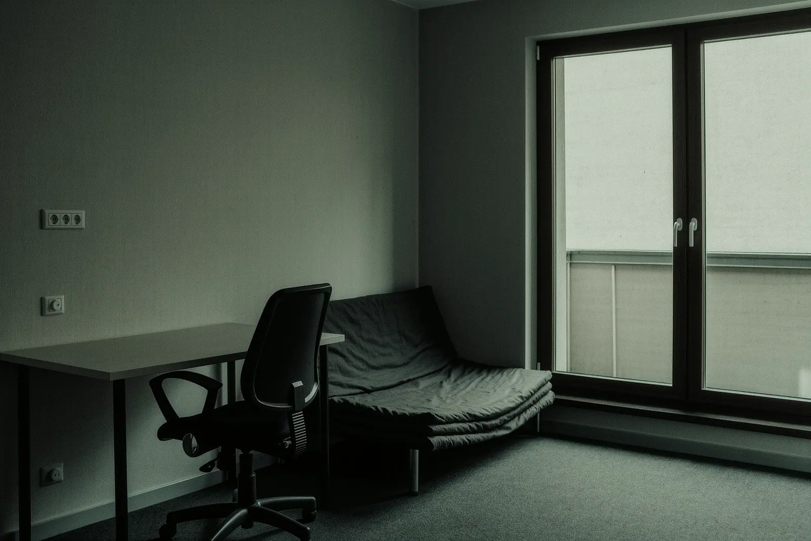 An empty serviced apartment with a bare desk and a task chair pushed in beneath a single wall socket, a folded sofa bed against the wall and a window onto a courtyard.
