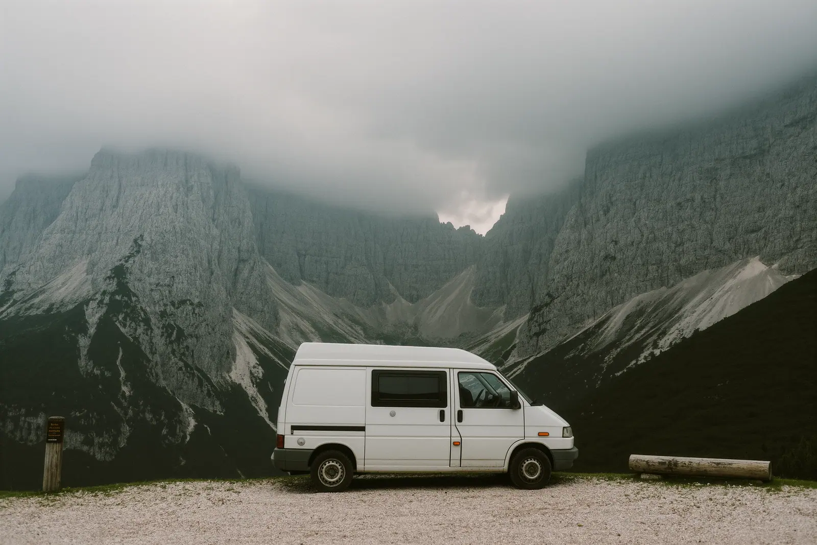 A compact white campervan parked on a gravel pull-in below grey limestone peaks with its side door closed, loose gravel and a weathered wooden barrier post in the foreground.