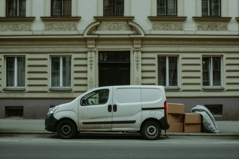 A small white van parked at the kerb outside a Jugendstil apartment building, cardboard moving boxes stacked on the pavement beside its open rear doors.